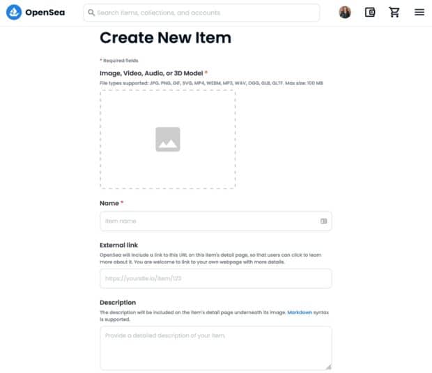 Creating a new item in OpenSea