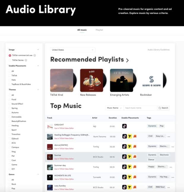 The home screen for TikTok's Commercial Sound Library