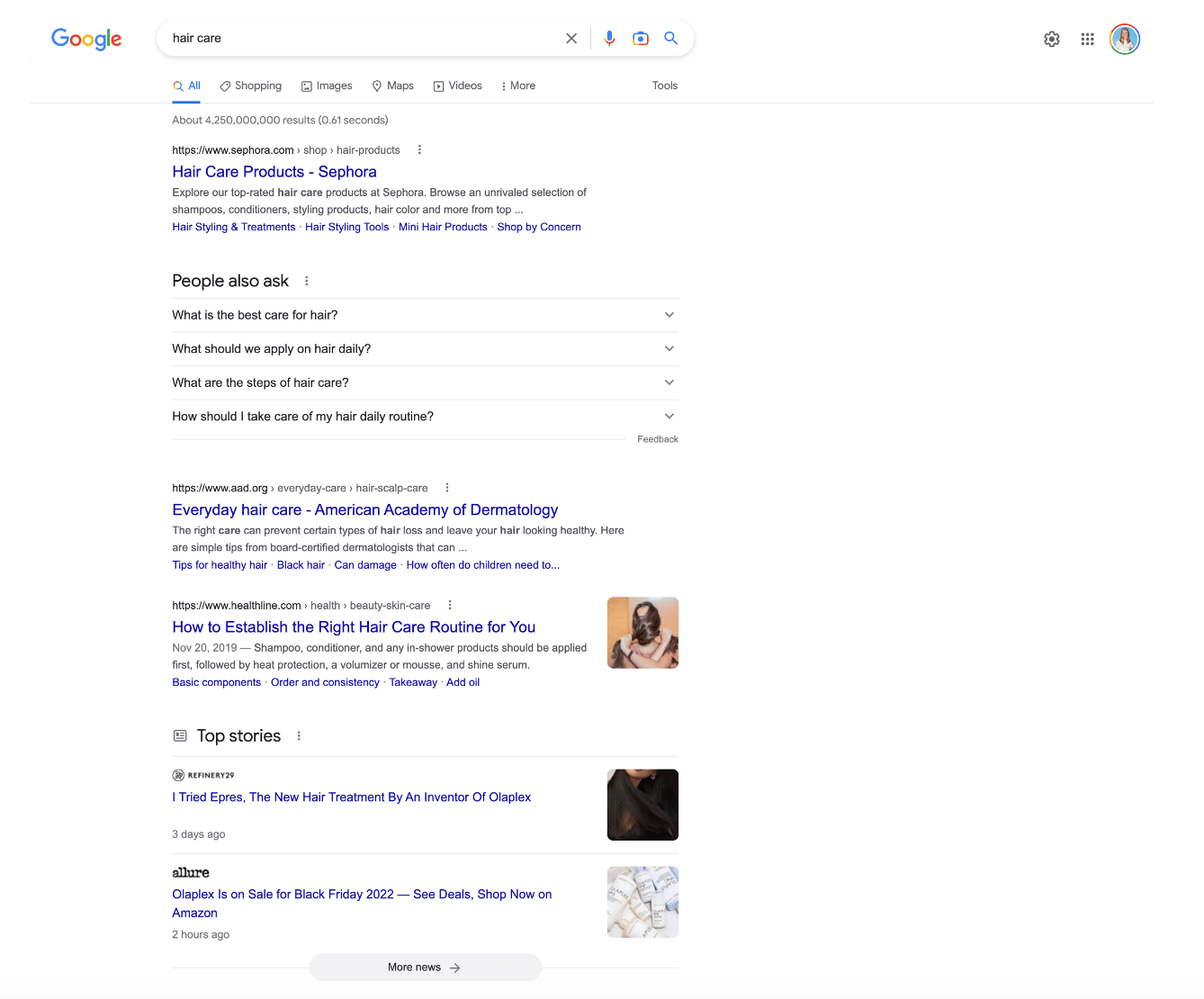 "hair care" results in google SERP