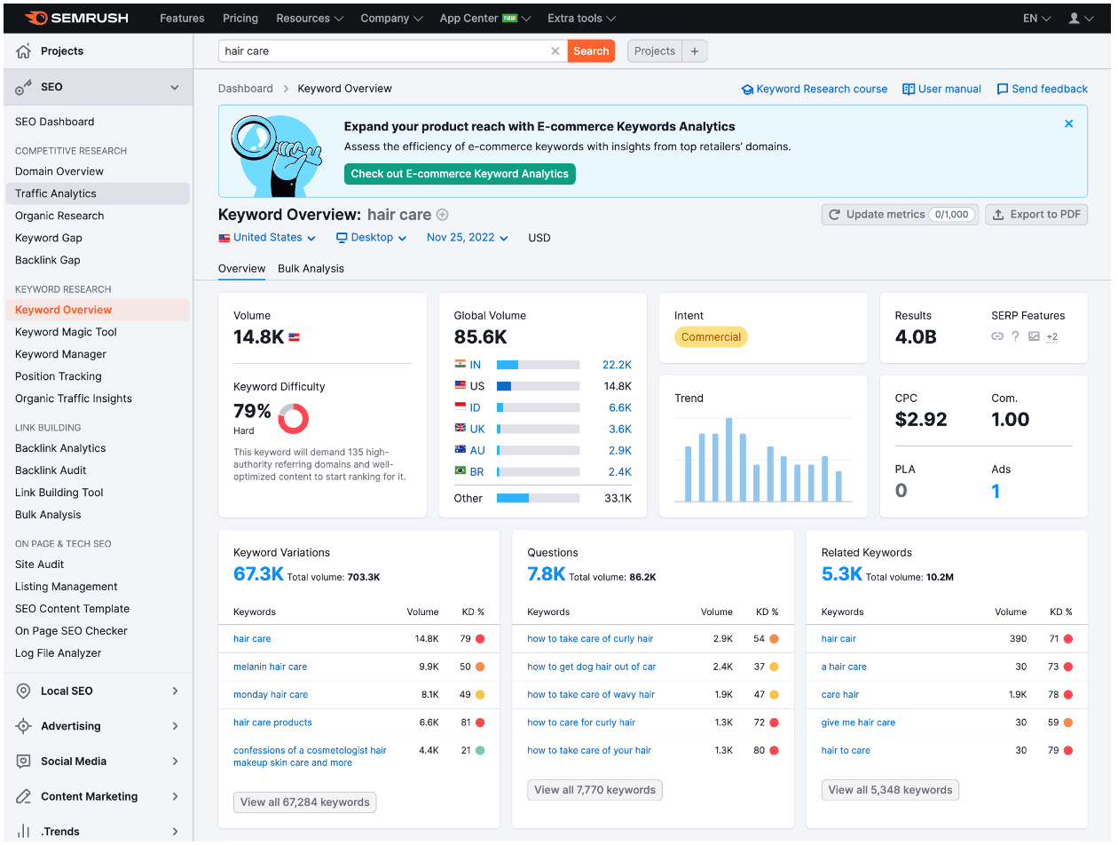 semrush search results for "hair care"