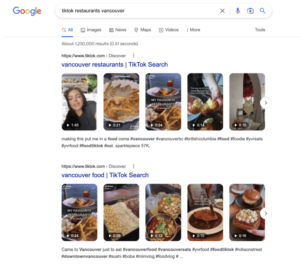 google search result for restaurants in vancouver showing tiktok videos