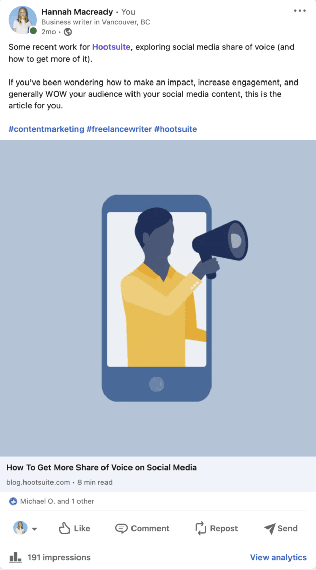 hootsuite social media share of voice article posted on linkedin
