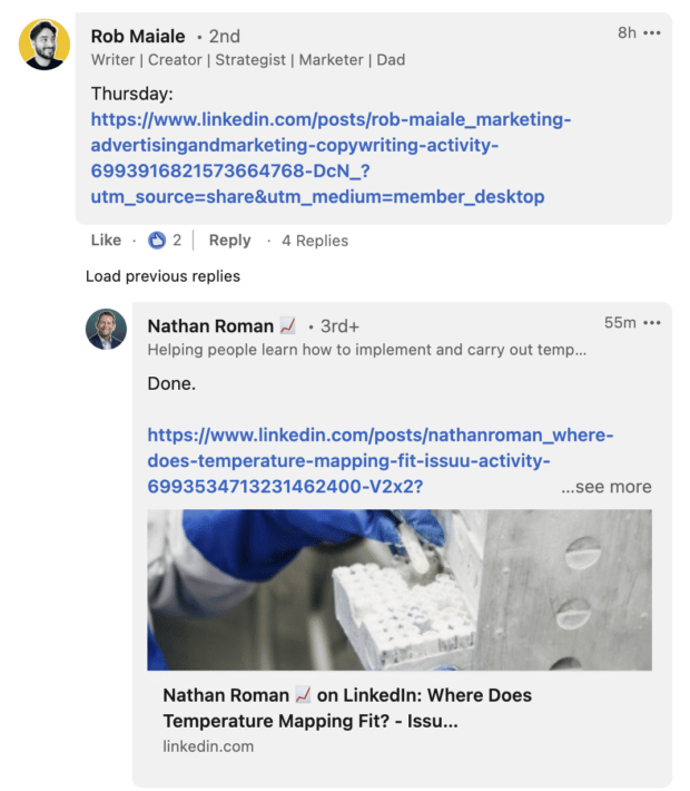 comments and replies from group members in game of content linkedin pod