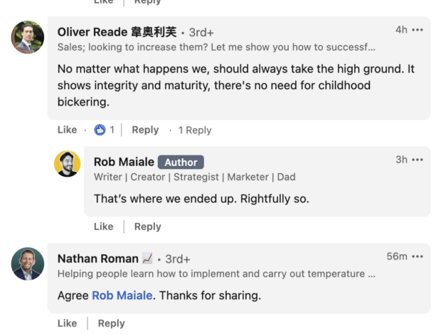 game of content users commenting on each others linkedin posts