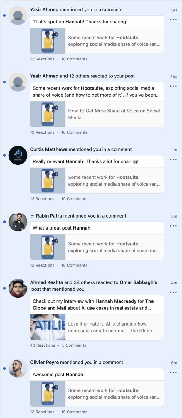 a long list of linkedin notifications coming in 45 seconds apart