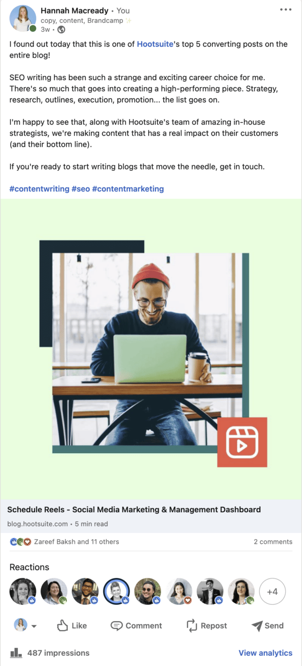linkedin post promoting a hootsuite blog on instagram reels
