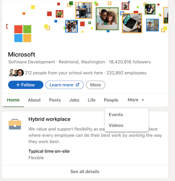 Microsoft LinkedIn page Hybrid workplace