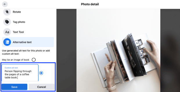 custom alt text example person flipping through pages of a book