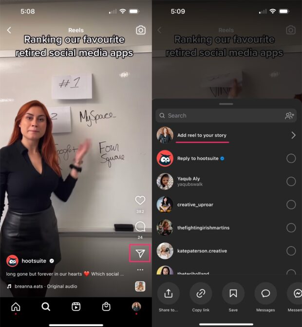 tap paper airplane icon to add reel to story