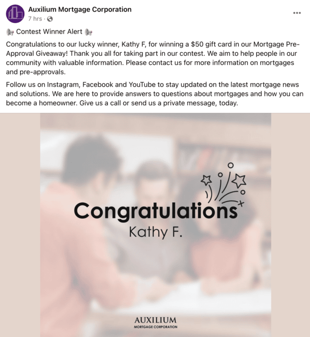 Auxilium Mortgage Corporation gift card giveaway with name of winner