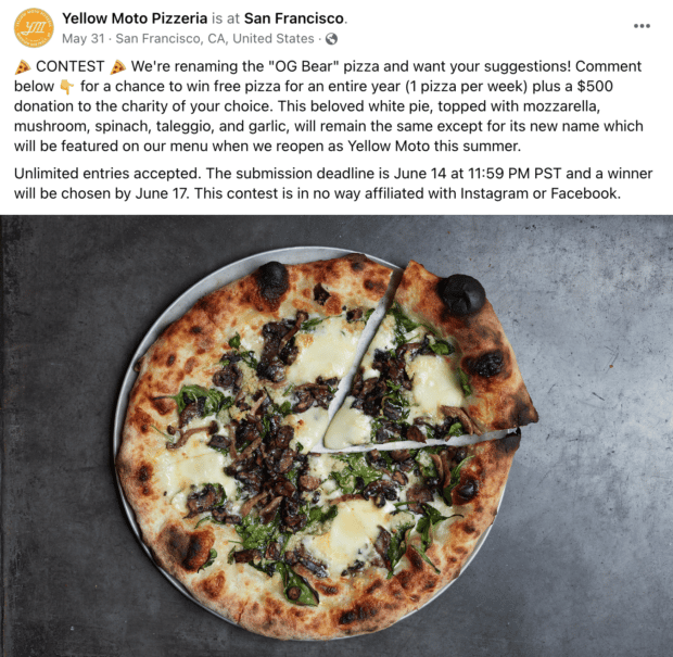 Yellow Moto Pizzeria pizza renaming contest