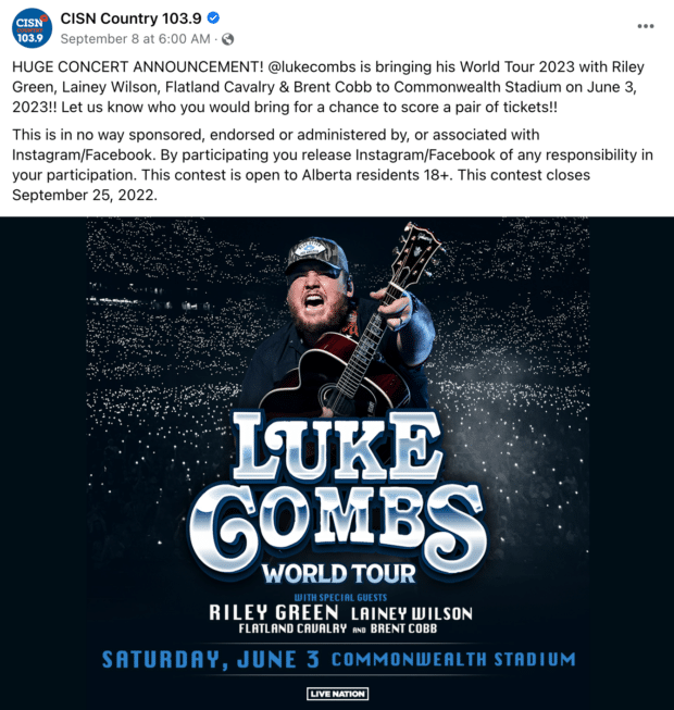 CISN Country 103.9 Luke Combs concert ticket contest