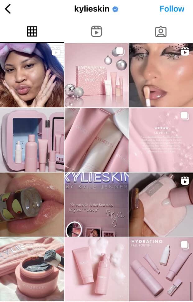 Kylie Skin pink branding on Instagram profile