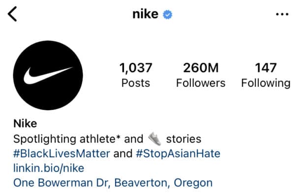 Nike Instagram profile with bio