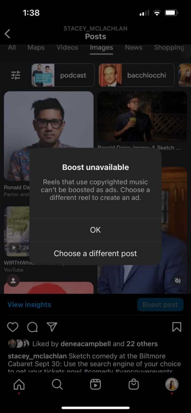 Instagram boost unavailable with copyrighted music