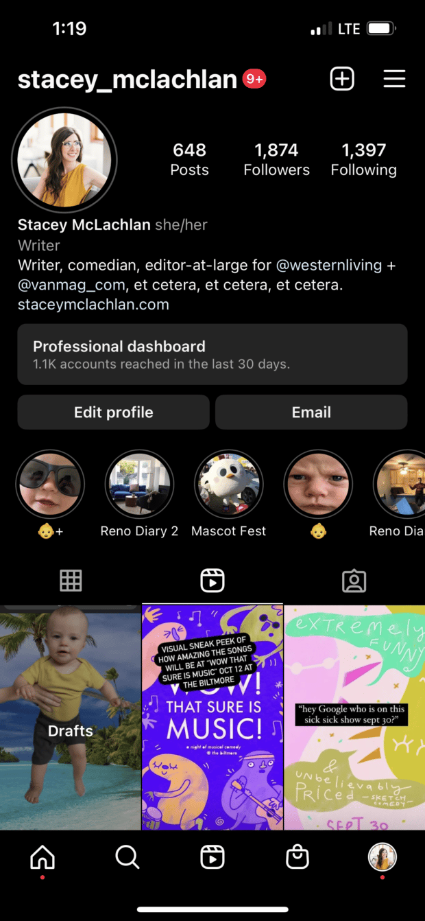 Instagram profile with Reels tab