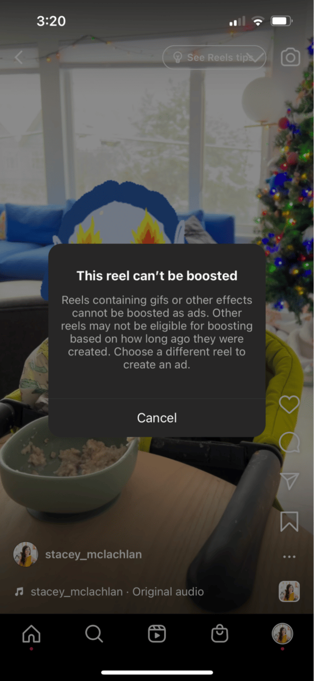 reels containing gifs or other effects cannot be boosted as ads