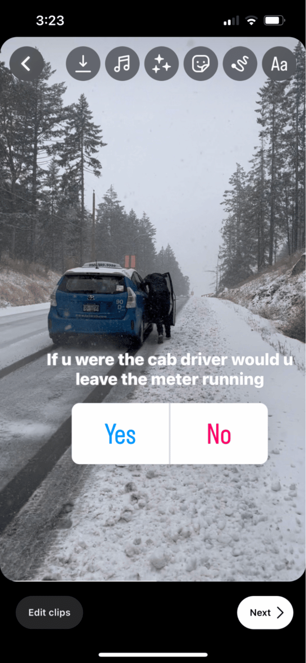polling sticker with text "if u were the cab driver would u leave the meter running" yes or no