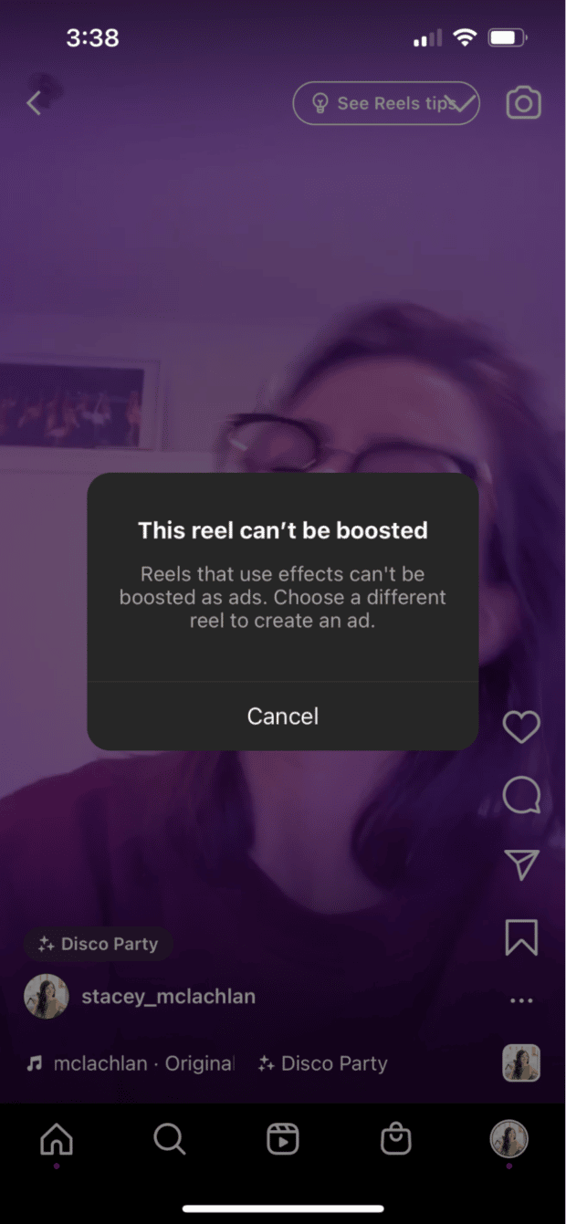 reels that use effects can't be boosted as ads