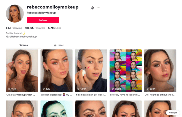 Dublin-based makeup artist Rebecca Malloy TikTok profile