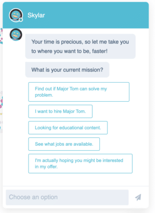 Skylar customer service FAQ chatbot Major Tom