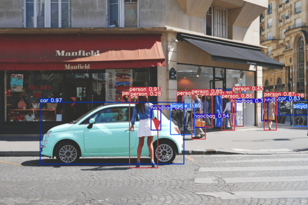 machine learning object detection with person entering car in front of Manfield store