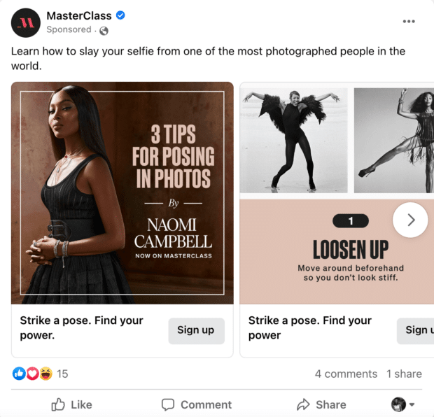 MasterClass Facebook carousel ad 3 tips for posing in photos with Naomi Campbell