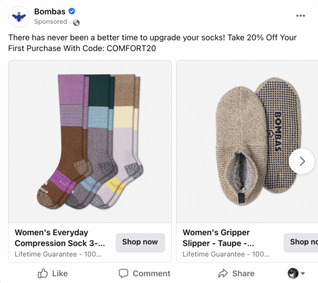 Bombas socks product ad with 20% off code