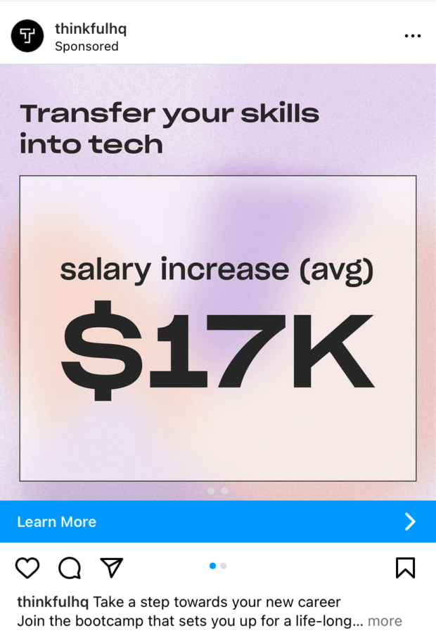 Thinkful Instagram ad transfer skills into tech for $17k average salary increase