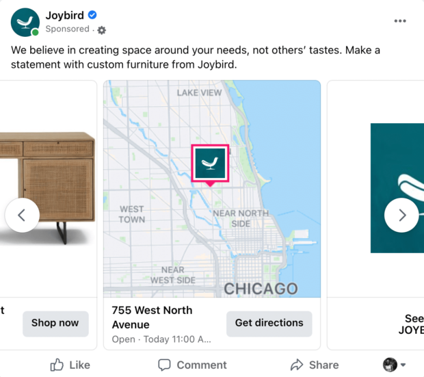 Joybird custom furniture Facebook carousel ad