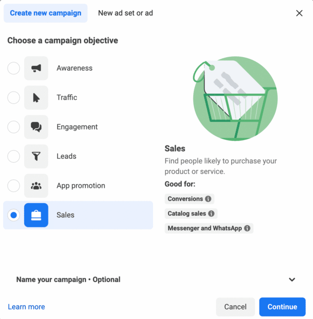 Choose campaign objective including Awareness, Traffic, Leads, App promotion, or Sales