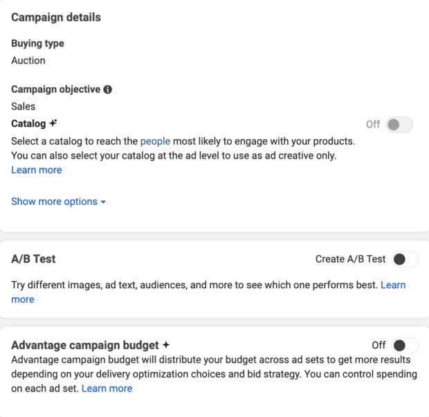 campaign details with A/B test and Advantage campaign budget option