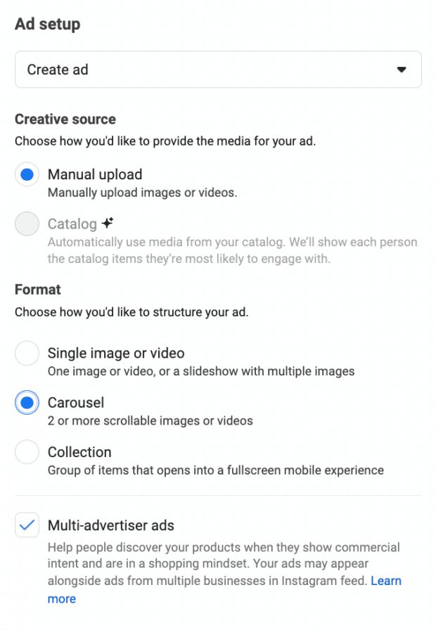 Ad setup with creative source and format options