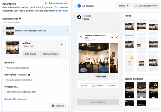 upload image or video carousel cards under Ad creative