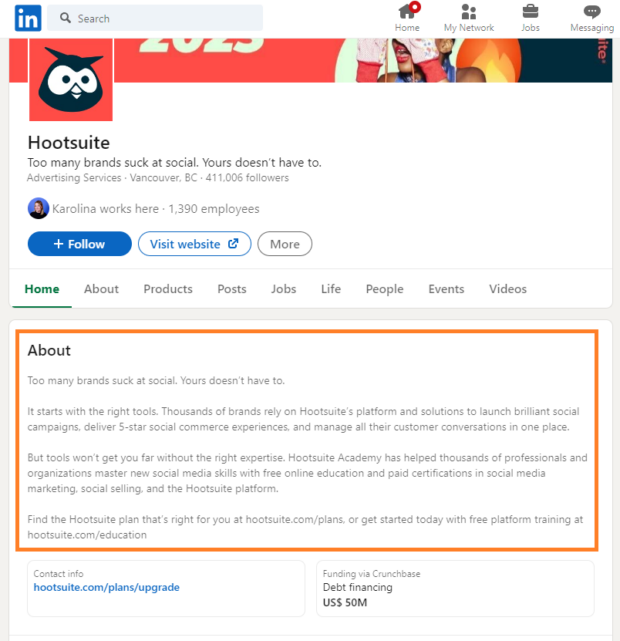 optimize LinkedIn company About section using SEO keywords