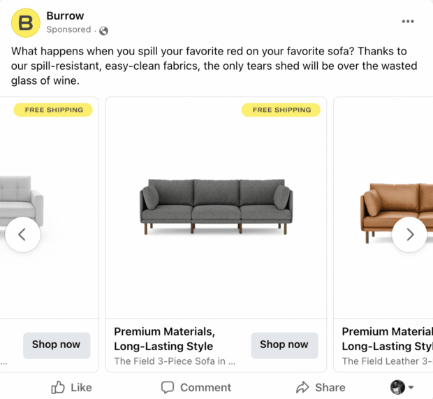 Burrow sofas Facebook carousel ad