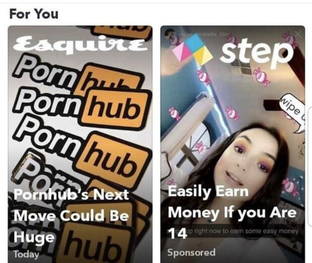 Pornhub Snapchat ad next to earn money if you are 14 ad