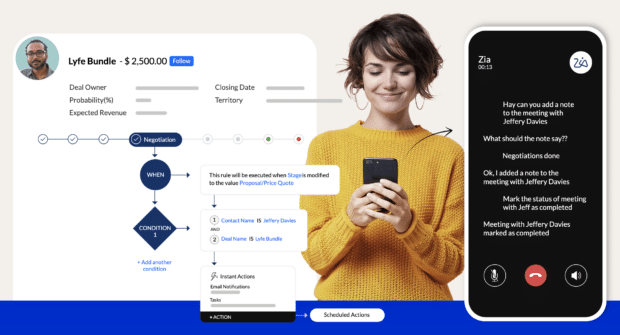 Zoho CRM with woman on phone and text conversation