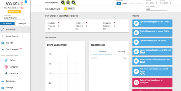 Vaizle social media analysis brand engagement and top hashtags