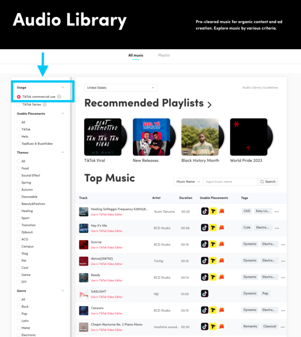 audio library TikTok commercial use