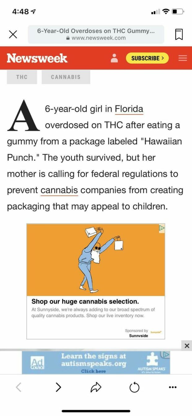 Sunnyside Cannabis ad next to article about child's THC overdose