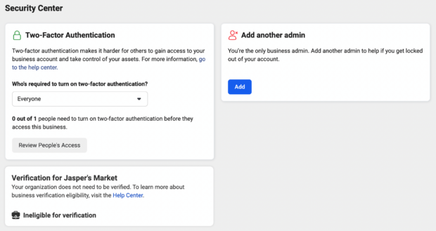 Meta Business Manager allows you to select mandatory security settings. On this screen, you can choose to require two-factor authentication from your page admins.