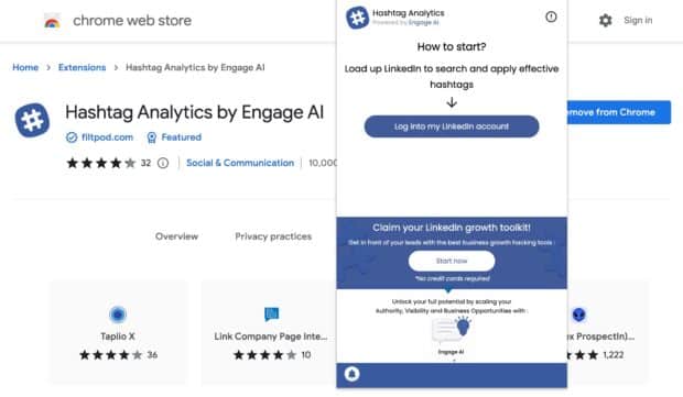 chrome web store hashtag analytics by engage AI