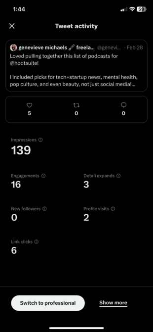 Tweet activity impressions engagements detail expands new followers