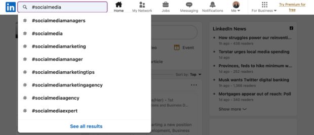 socialmedia hashtag results on LinkedIn search