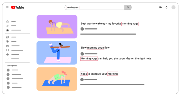 graphic showing keyword morning yoga shown in search bar and multiple youtube video titles and descriptions