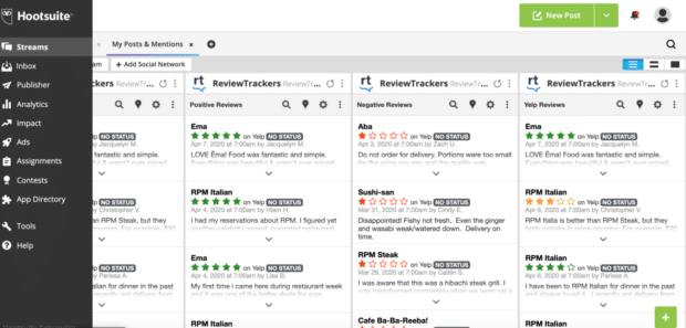 Screenshot of a Hootsuite streams dashboard featuring reviews from the ReviewTrackers integration]