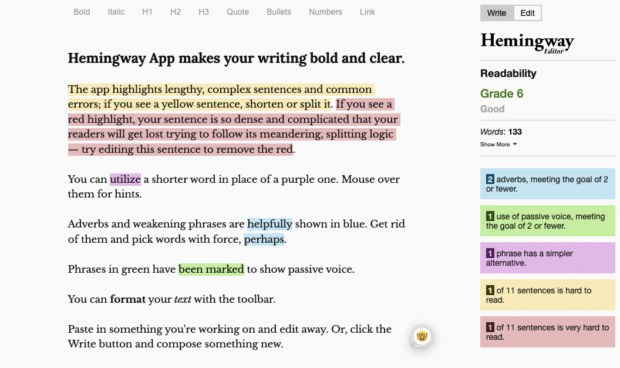 Hemingway App grammar and spelling checker readability score