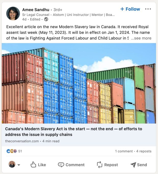 Amee Sandhu LinkedIn post on modern slavery