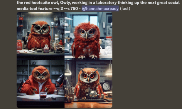 midjourney prompt showing hootsuite owl in a laboratory